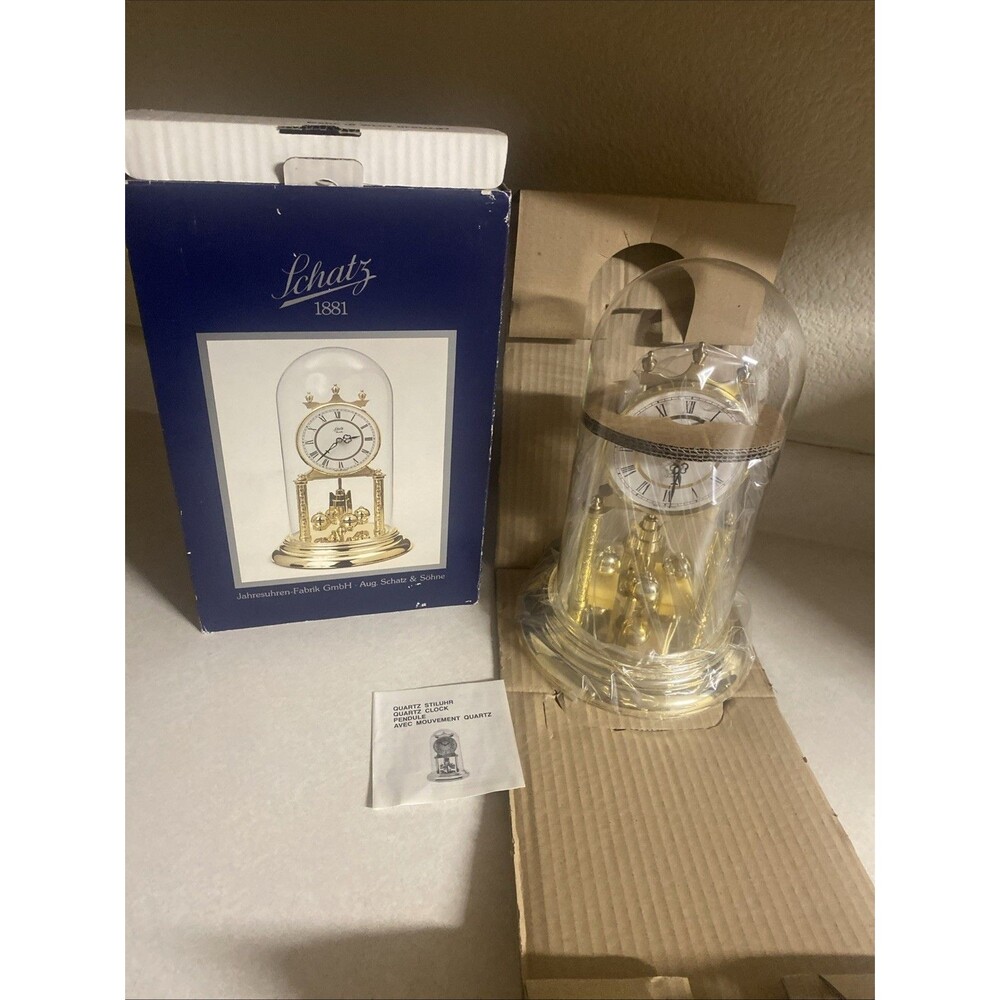Vintage New In Box Schatz 1881 Anniversary Clock Glass Dome Brass Clock Germany